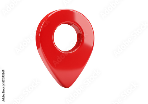 A single, perfectly rendered 3D map pin with a bright, high-gloss red finish and soft cast shadow, isolated against a pristine transparent seamless background with copy space, concept of precise