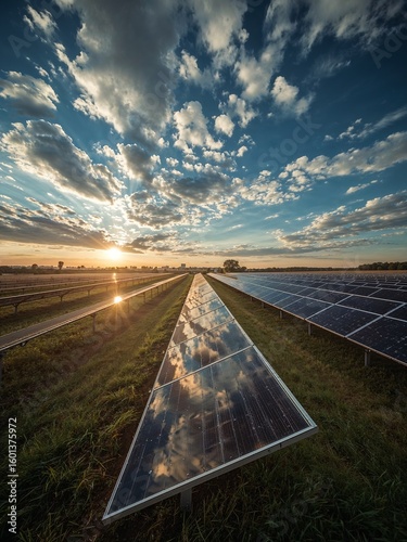 Wallpaper Mural Solar panels reflecting sky at sunrise in a field with grass under a cloudy blue sky at golden hour Torontodigital.ca