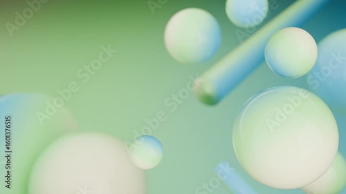 Abstract 3D Pastel spheres floating on a green background. Gradient abstract 3D seamless loop - motion background for creative video project.