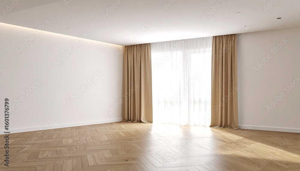 Fototapeta premium Empty room with light-tan curtains and parquet floor