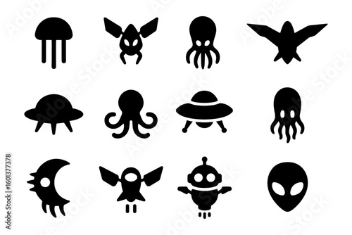 Collection of sci-fi silhouettes featuring aliens, robots, and spacecraft icons