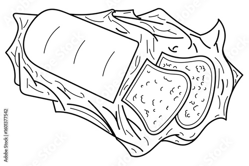Top view of a sliced loaf of bread on a sheet of crumpled paper. Hand-drawn food sketchTop view of a sliced loaf of bread on a sheet of crumpled paper. Hand-drawn food sketch