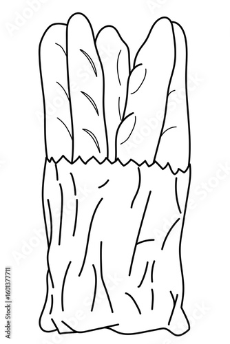 Line art illustration of some baggette bread in a paper bag. Take away food