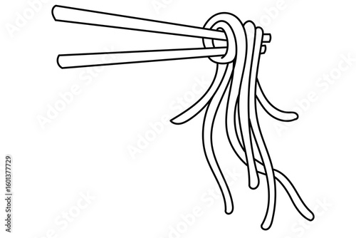 Asian noodles raised with chopsticks, line art illustration of traditional Japanese or Chinese food. Line art illustration