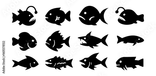 Underwater silhouette icons featuring diverse fish and sea creatures