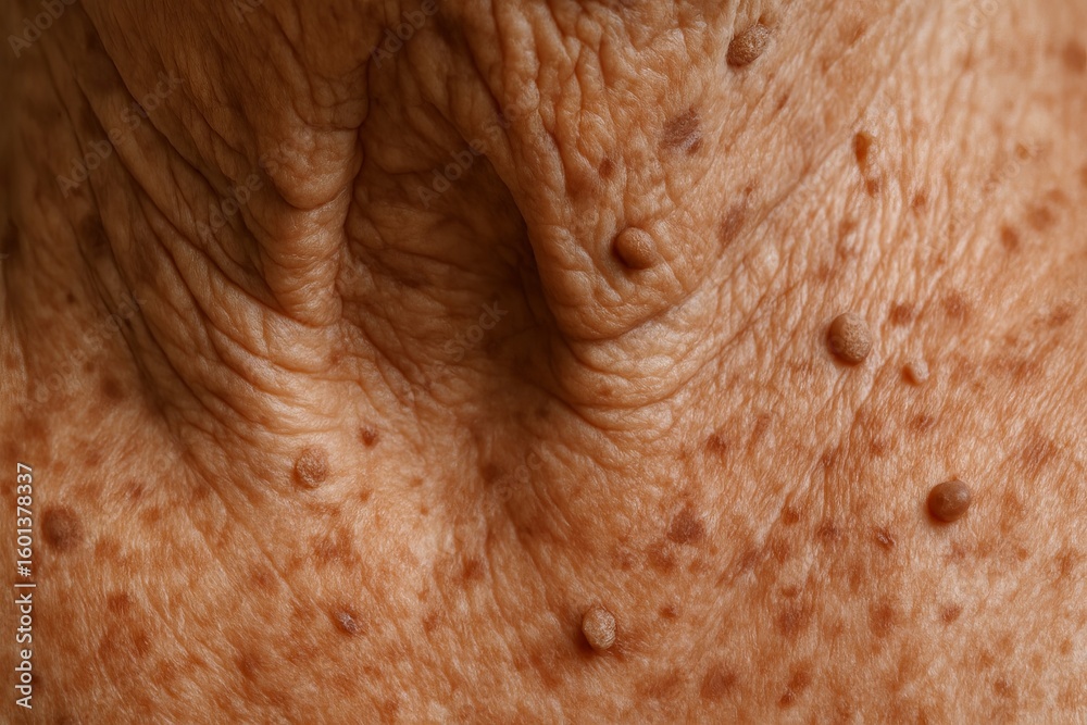 Obraz premium Close-up of aged skin texture with wrinkles and bumps showing detailed surface patterns. concept of aging process, human skin study, dermatology insight