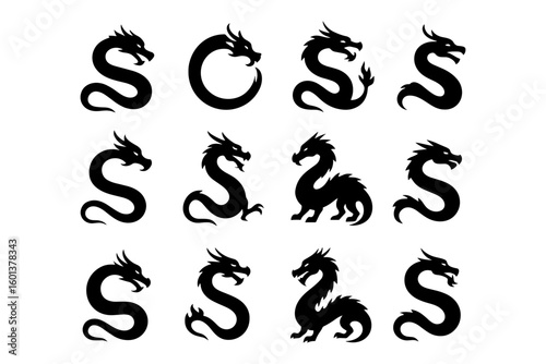 Collection of dragon silhouettes: mythical creatures in black and white design