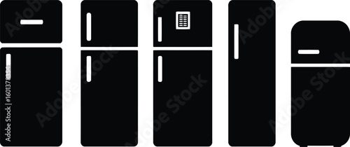 Refrigerator types black and white fridge styles appliance collection kitchen freezer design illustration