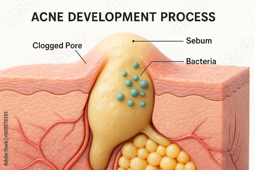 Acne development process illustration highlighting clogged pore, sebum production, and bacteria accumulation for skincare education and dermatology understanding