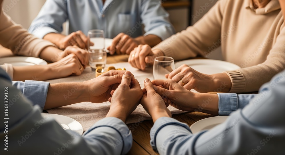 Obraz premium AI Generated Image of a Family Holding Hands and Praying at the Dinner Table 