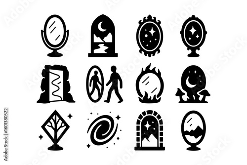 Surreal mirror icons with cosmic and nature themes in bold silhouette style