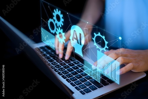 AI agent and intelligent automation IA technology. Business process automation BPA system. Businessman using laptop computer to give instructions to AI at desk in office.