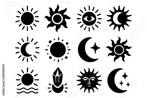 Modern sun and moon icons in minimal silhouette style