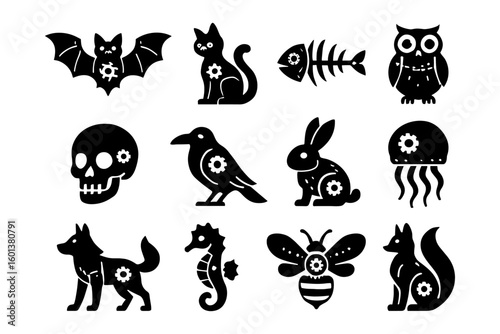 Steampunk animal silhouettes: mechanical creatures with gears and clockwork details