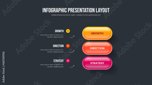 Product Plan Three Step Infographic Slide Template. Investor Growth 3 Element Diagram Presentation Design. Enterprise Profile Frame Layout Vector Illustration.