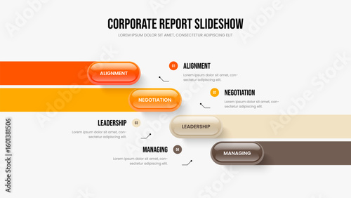 Corporate Introduction 4 Step Infographic Frame Layout. Financial Growth Four Element Diagram Presentation Design. Investor Performance Slide Template Vector Illustration.