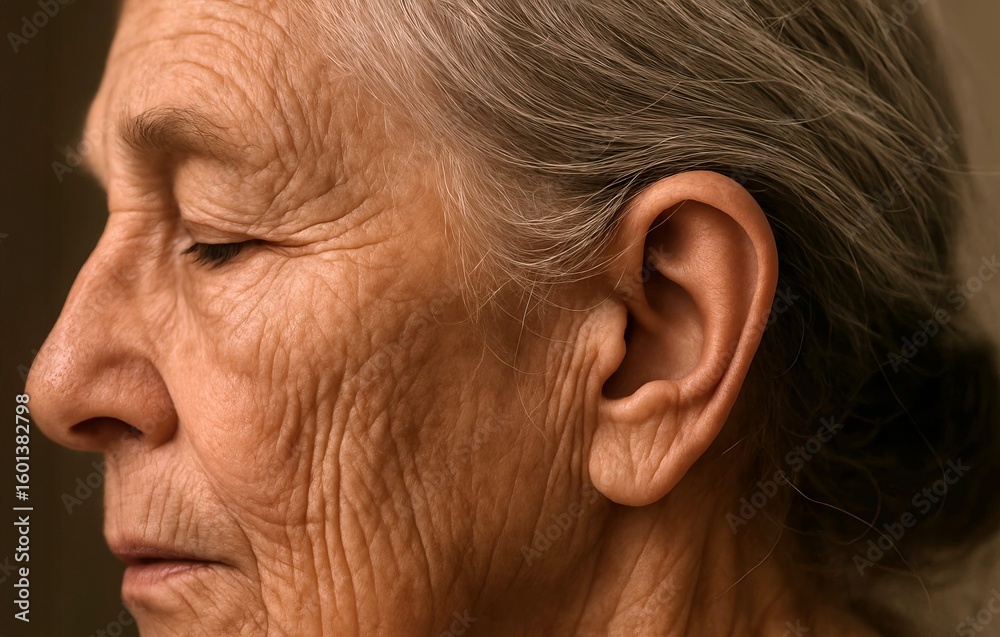 Obraz premium Close-up of elderly woman with graceful aging and deep expression on her wrinkled face, representing wisdom and time passage. concept of beauty, serenity, human experience