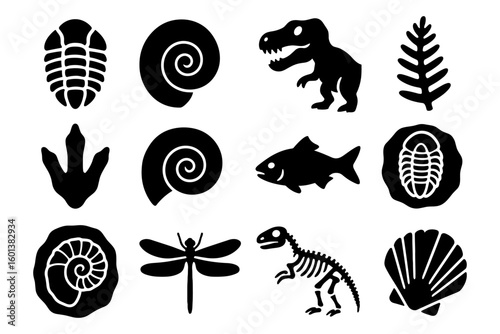 Silhouette collection of dinosaur fossils and prehistoric creatures