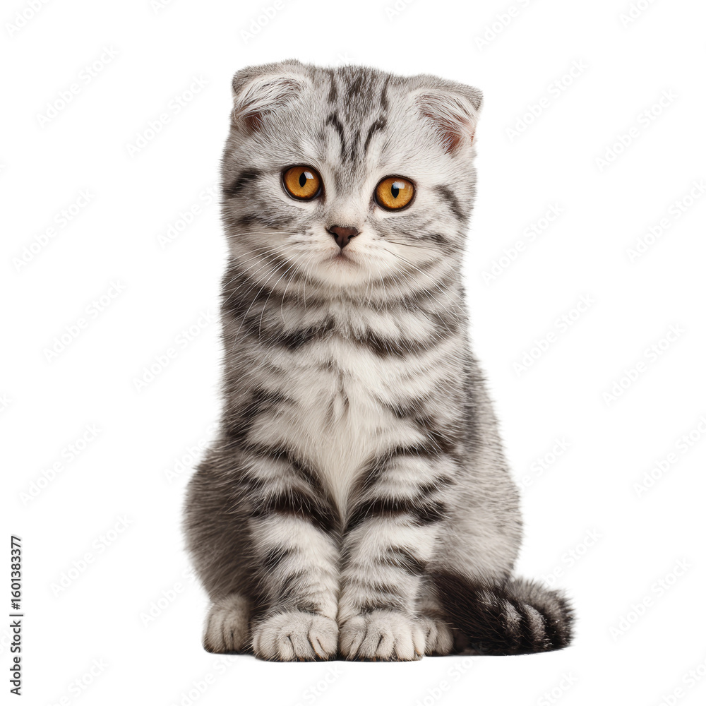 Obraz premium A Cute Scottish Fold Kitten with Striking Eyes. A small cat with gray stripes sitting and staring directly towards the camera. The adorable look of the kitten captures the hearts of the viewers