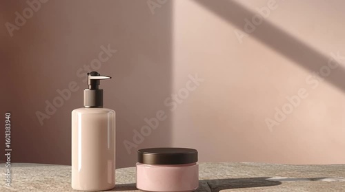 Wallpaper Mural Elegant bathroom scene featuring pump bottle and jar on a stone surface against a pink background with shadow play. Torontodigital.ca