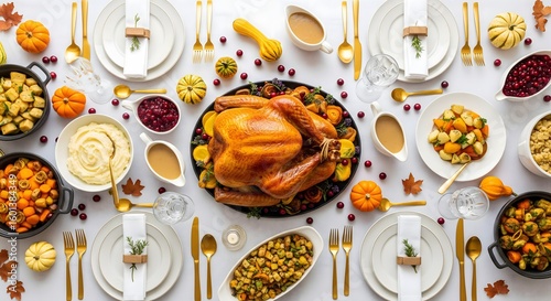 AI Generated Top-Down View of a Traditional Thanksgiving Dinner Feast