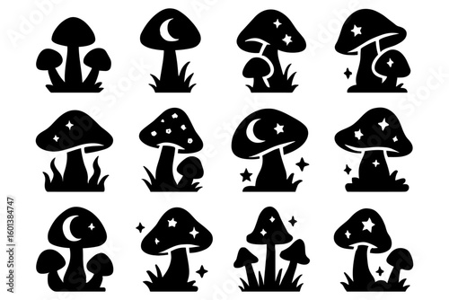 Silhouette of magical mushrooms with moon and stars: whimsical nighttime design