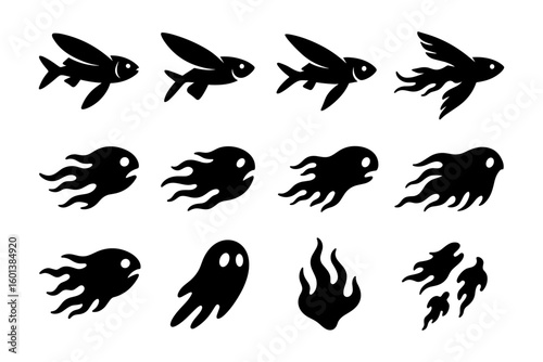 Silhouette transformation of fish into ghostly creatures with dynamic motion