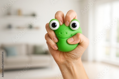 Hand holding and squeezing green frog stress relief toy with big eyes in home interior. Concept of emotional balance, relaxation aid, mental health support, stress management at home
