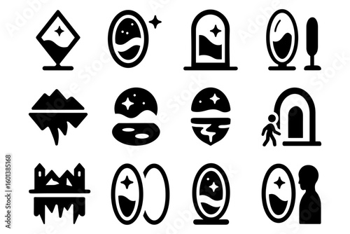 Abstract black and white portal icons set with cosmic themes