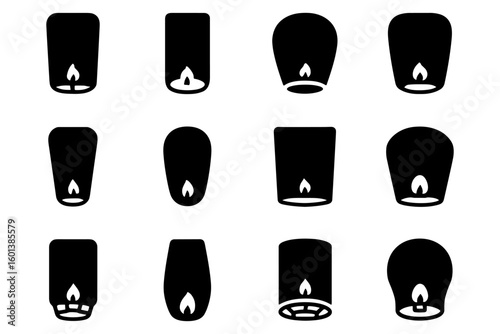 Set of silhouette sky lantern icons with candle flame for celebrations