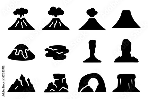 Silhouette set of volcanic eruptions and mountain formations
