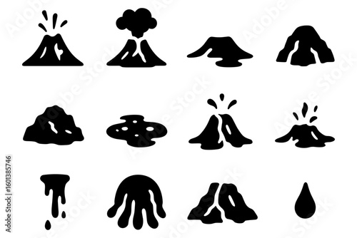Silhouette icons of volcanic eruptions and lava flows
