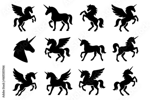 Silhouette unicorns and pegasus: majestic mythical creatures collection