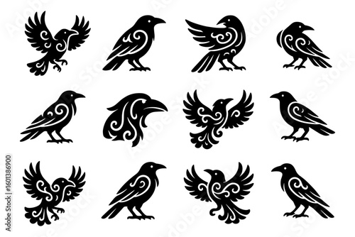 Stylized crow and raven silhouette collection with ornamental designs