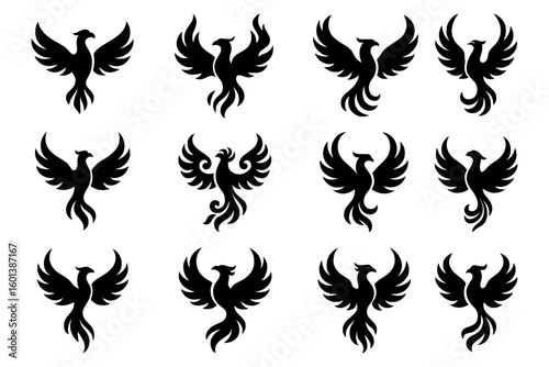 Silhouette phoenix icons: majestic mythical bird designs in black and white