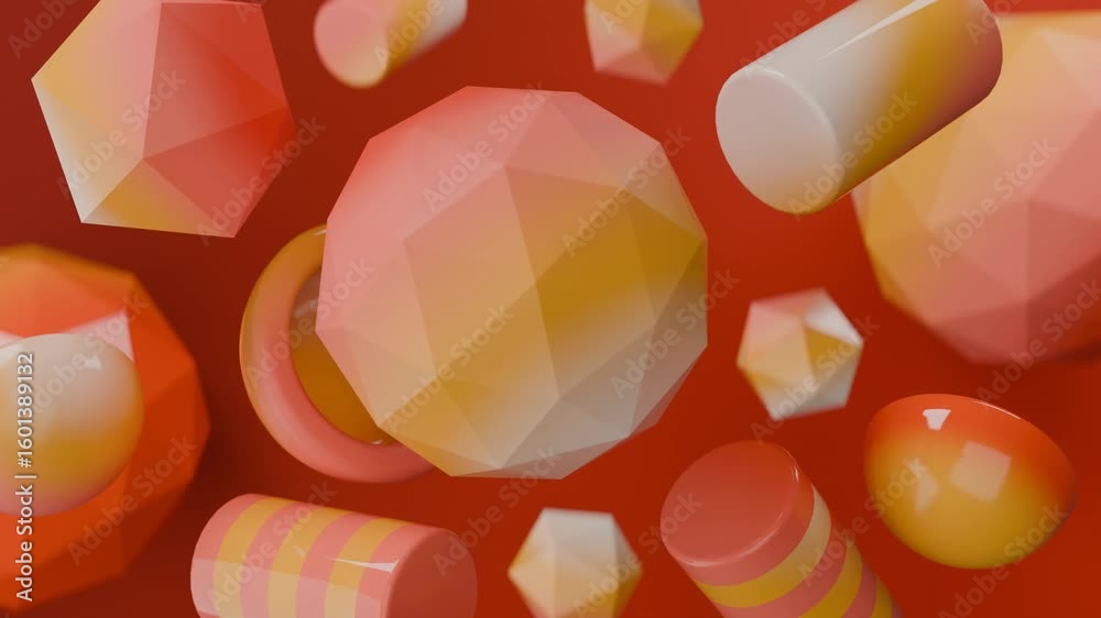 Abstract 3D Orange and yellow geometric shapes floating. Gradient abstract 3D seamless loop - motion background for creative video project.