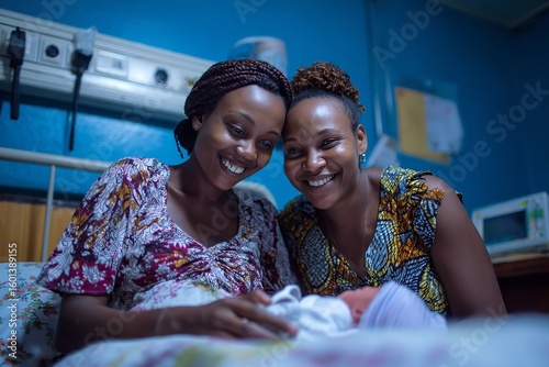 Joyful African Mothers Celebrating Newborn Baby in Hospital Room with Warm Smiles and Vibrant Clothing – Emotional Family Moment of Birth and Love