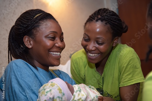 Joyful African Mothers Celebrating Newborn Baby in Hospital Room with Warm Smiles and Vibrant Clothing – Emotional Family Moment of Birth and Love