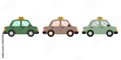 Vector icons of taxis in different colors for transportation and city life concept