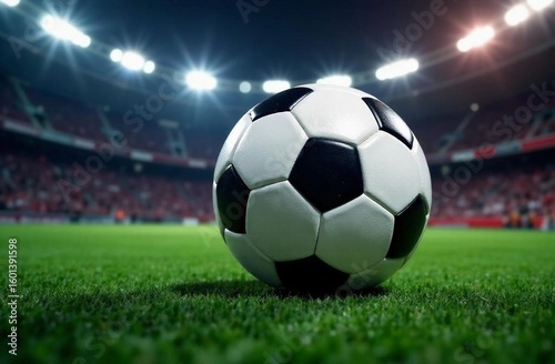 Close-up of a football soccer ball on a green field in a stadium. Football game background, sports concept, championship, match preparation. Picture generated by AI