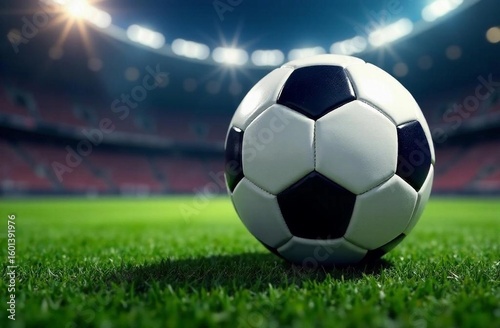 Close-up of a football soccer ball on a green field in a stadium. Football game background, sports concept, championship, match preparation. Picture generated by AI