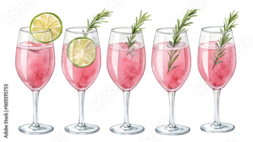 Five refreshing pink cocktails garnished with rosemary and citrus slices