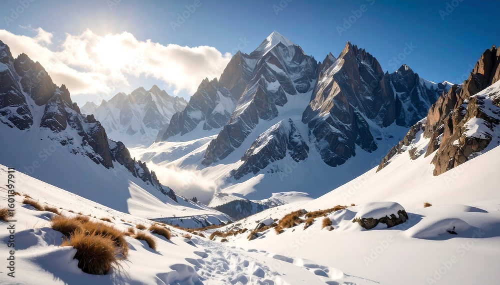 Obraz premium Hiking Trail Through Snowy Mountain Valley on Sunny Winter Day