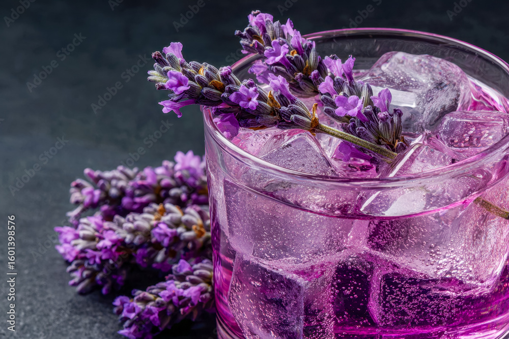 Refreshing lavender-infused purple beverage with ice cubes Refreshing lavender-infused purple beverage with ice cubes