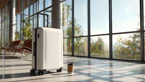 White Suitcase with Black Wheels and Open Coffee Cup on Airport Floor by Large Windows Overlooking Exterior View
