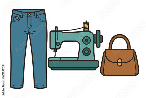 An ecological concept illustrated through a vector cartoon on a white background, depicting the upcycling of old jeans into a handbag to promote environmentally friendly design and reduce waste