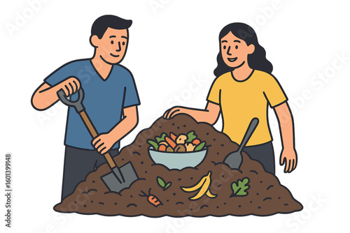 Vector illustration of a man and woman creating compost, representing the zero waste concept through composting