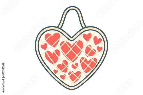 Colored trendy vector illustration of an eco shopping net bag featuring red hearts on a dark blue background, symbolizing a zero waste and plastic free concept, perfect for Valentine's day cards