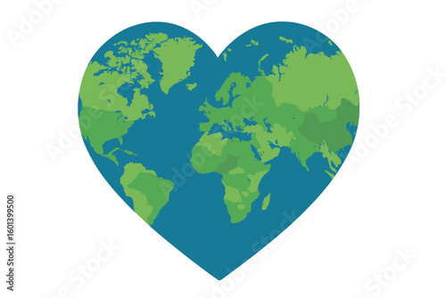 Vector illustration of a heart-shaped world map in pastel drawing style, symbolizing save the planet or sustainable lifestyle label