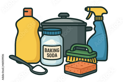 Eco-friendly cleaning at home with bicarbonate of soda, baking soda, and white vinegar for a sustainable zero waste lifestyle concept vector illustration